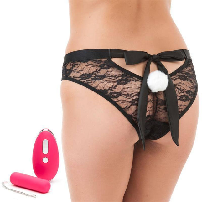 Panty Stimulator Remote Control USB Pink with lace design, bow, and bunny tail, accompanied by pink vibrating bullet and remote control.