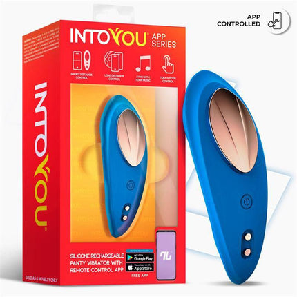 Packaging of Panty Vibrator with App Silicone Blue from Intoyou App Series, featuring app-controlled wearable technology.