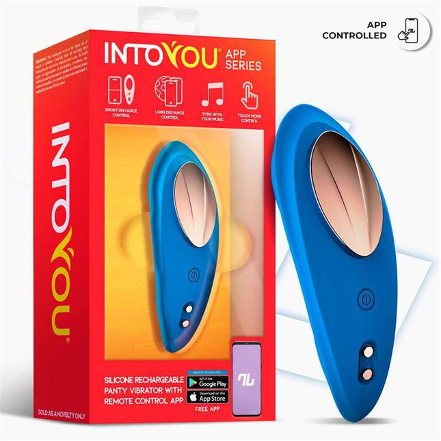 Packaging of Panty Vibrator with App Silicone Blue from Intoyou App Series, featuring app-controlled wearable technology.