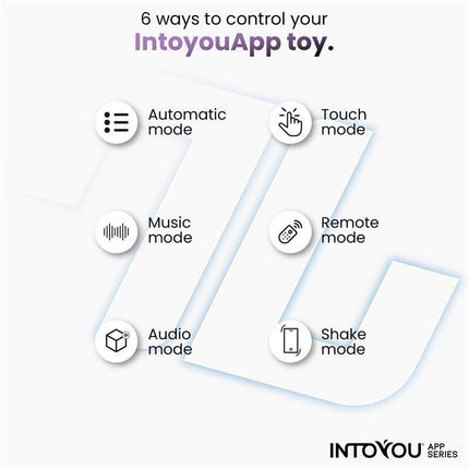 Diagram showing 6 control modes for IntoyouApp toy: Automatic, Touch, Music, Remote, Audio, Shake by INTOYOU® App Series.