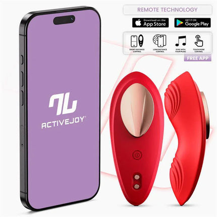 Panty Vibrator with App Silicone Red beside smartphone with ActiveJoy app interface displayed.