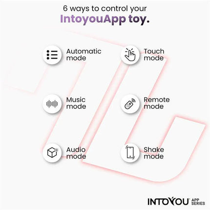 Infographic showing 6 control modes for Intoyou App toy: Automatic, Music, Audio, Touch, Remote, and Shake. Intoyou App Series logo included.