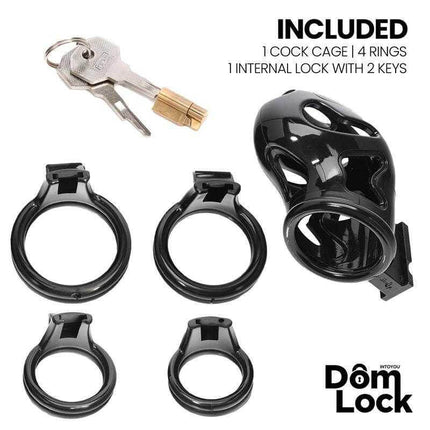 Parole Chastity Cage with Lock for Submission set includes cage, rings, lock, and keys. Domlock brand for enhanced pleasure.