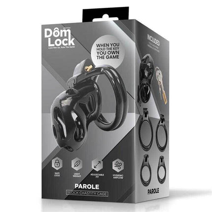 Parole Chastity Cage with Lock for Submission in Domlock packaging, featuring adjustable rings and secure lock for ultimate control.