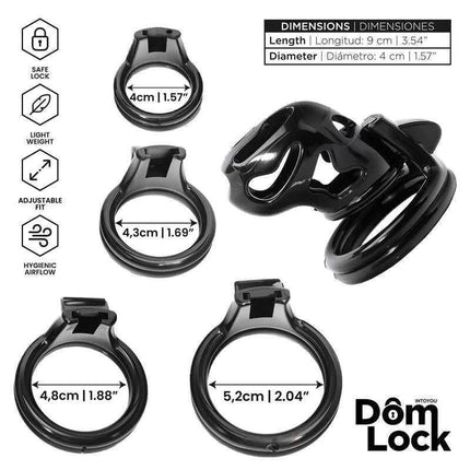 Parole Chastity Cage with Lock for Submission by Domlock, dimensions and features displayed