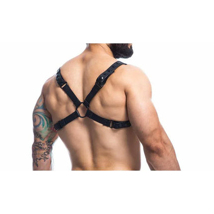 Party Black Chest Harness Adjustable One Size worn by male model, back view showcasing fit and design details.