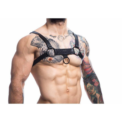 Model wearing Party Black Chest Harness Adjustable One Size showcasing design and fit for bold men's fashion accessory.