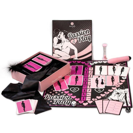 Passion Play (ES/EN/FR/PT) board game set with cards, dice, and accessories for a fun and engaging experience.