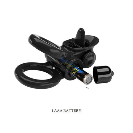 Passionate Double Vibrating Penis Ring with AAA battery shown separately, perfect for couples seeking enhanced intimacy.
