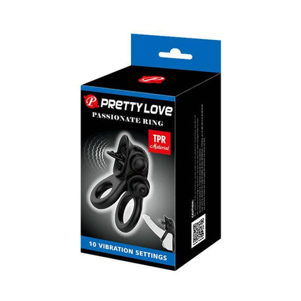 Packaging of Passionate Double Vibrating Penis Ring, featuring elastic TPR material and 10 vibration settings for enhanced intimacy.