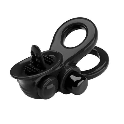 Close-up of the Passionate Double Vibrating Penis Ring in sleek black design with adjustable features for enhanced couple intimacy.
