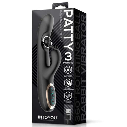 Patty Vibrator with Rotating Ball packaging showcasing its ergonomic design and features for multi-point stimulation.
