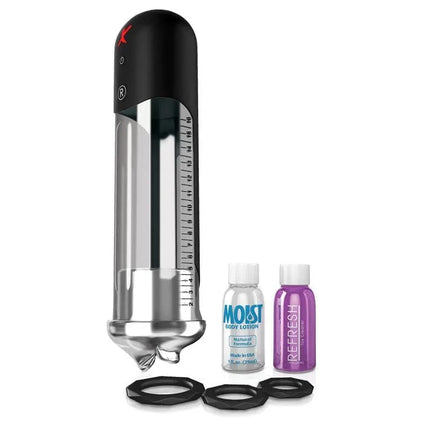 PDX Elite Blowjob Power Pump with accessories including lotions and silicone rings, showcasing suction design and packaging.