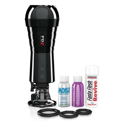 PDX Elite Cock Compressor Vibrating Stroker with accessories including lotion, refresh powder, and revive spray.