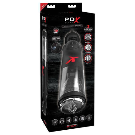 PDX Elite Deluxe Mega-Bator in packaging, showcasing advanced USB-rechargeable hands-free rotating and thrusting features for pleasure.