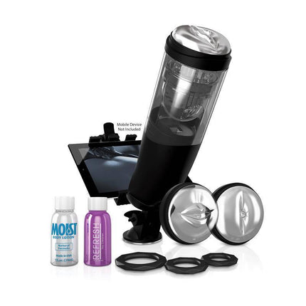 PDX Elite Deluxe Mega-Bator, advanced hands-free stroker with accessories, showcasing innovative design and functionality.