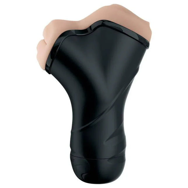 PDX Elite Double Penetration Vibrating Stroker with realistic openings for dual pleasure and Fanta Flesh material for lifelike experience.