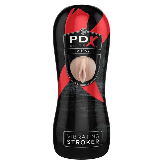 Black and red Vibrating Stroker Vagina featuring lifelike design and discreet packaging.