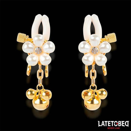 Pearl nipple clamps with floral pearl accents and gold metal for visual drama and secure restraint, part of the Latetobed BDSM line.
