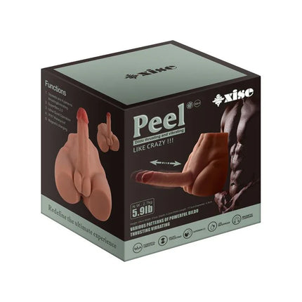 Peel Dildo and Ass Thrusting Vibrator product box showing realistic thrusting and vibrating masturbator torso