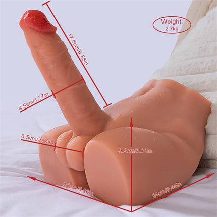 Peel Dildo and Ass Thrusting Vibrator realistic torso masturbator with penis dimensions and 2.7kg weight displayed