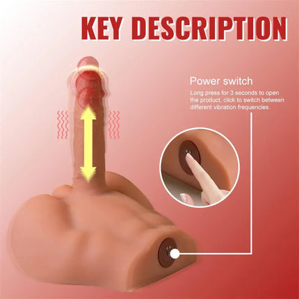 Peel Dildo and Ass Thrusting Vibrator power switch close-up showing control button and thrusting vibration functionality