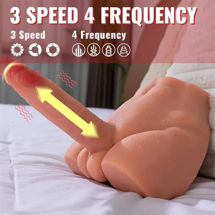 Peel Dildo and Ass Thrusting Vibrator masturbator showing 3 speed 4 frequency thrusting vibration settings for solo pleasure