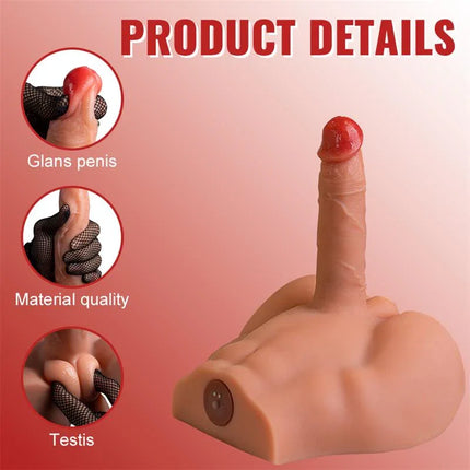 Peel Dildo and Ass Thrusting Vibrator realistic masturbator product details with glans penis, material quality and testis view