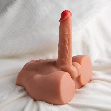 Peel Dildo and Ass Thrusting Vibrator realistic male torso masturbator on white fur surface