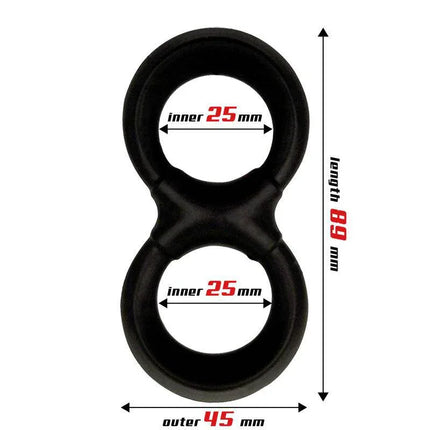 Penis and Testicles Ring Liquid Silicone 25 mm, double-ring design, black color, shown with sizing dimensions.