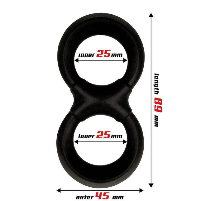 Penis and Testicles Ring Liquid Silicone 25 mm, double-ring design, black color, shown with sizing dimensions.