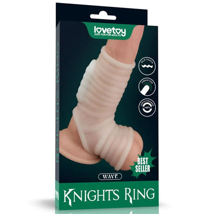 Packaging of Wave Knights Penis and Testicles Sleeve with Vibration, featuring a realistic design for enhanced pleasure.