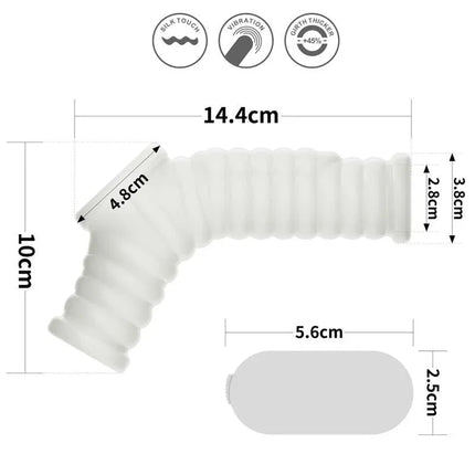 Diagram showing dimensions of Wave Knights Penis and Testicles Sleeve with Vibration, made from body-safe TPE material.