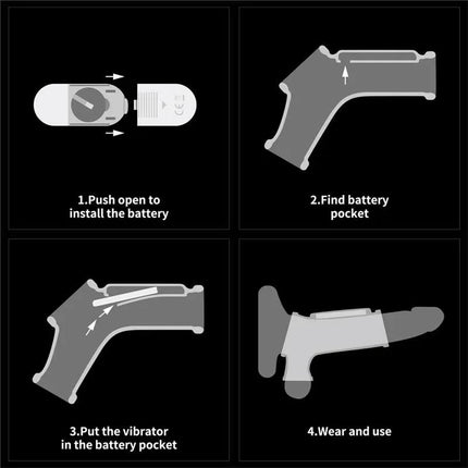 Instructions for using Penis and testicles sleeve with vibration Wave Knights, shows battery installation and wearing guide.