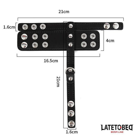 Penis Cage Adjustable black PVC and metal chastity device with dimensions labeled, featuring a lightweight and discreet design for comfort.