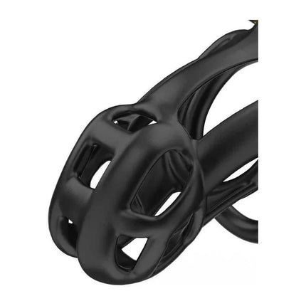 Black ABS Penis Cage PC01 with front opening for urination, includes 5 rings in different sizes for adjustable fit and comfort.