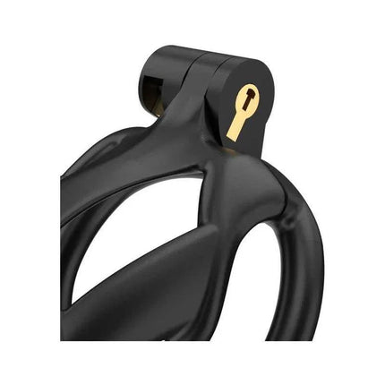 Penis Cage PC01 Black chastity device with lock detail, made from durable ABS material for comfort and security, includes multiple ring sizes.