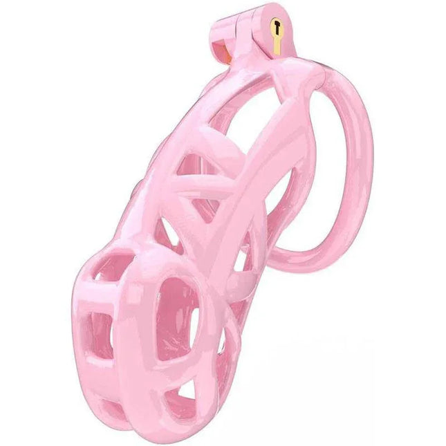 Penis Cage PC01 Pink with front opening, 5 rings, ABS material, and copper lock included.