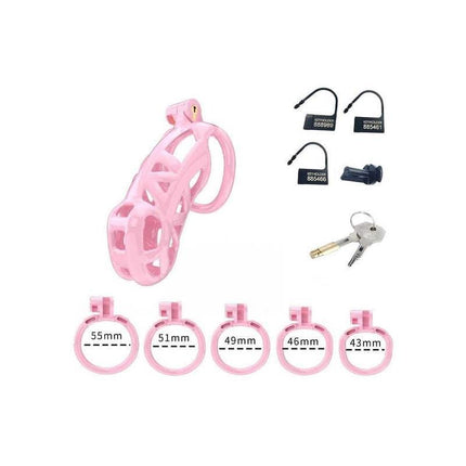 Penis Cage PC01 Pink with multiple rings and locks, made of high-quality ABS material for comfort and durability.