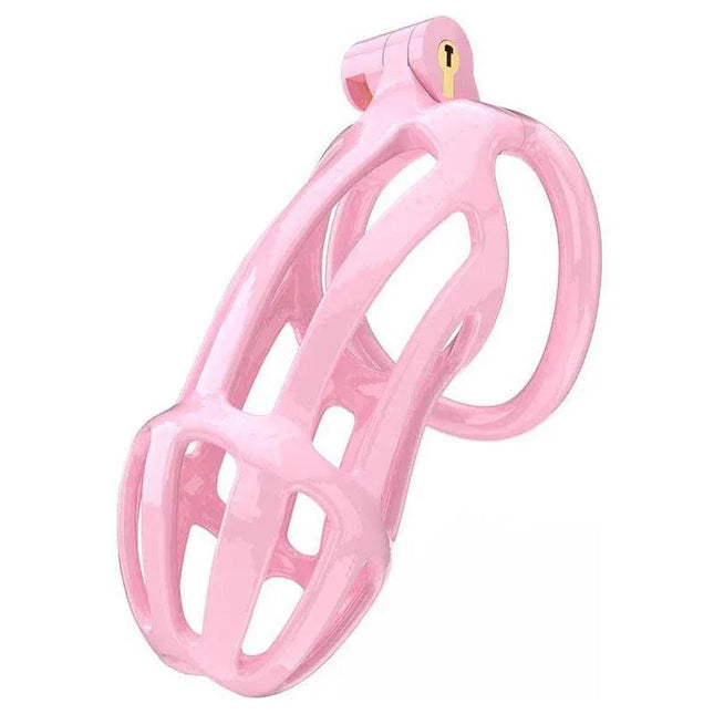 Penis Cage PC02 Pink made of high quality ABS with a front opening for urination, includes 5 rings and a lock for a secure fit.