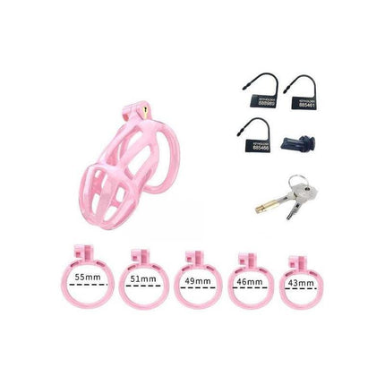 Penis Cage PC02 Pink with 5 rings, 1 copper lock, 3 padlocks, and keys included, made from durable ABS material.