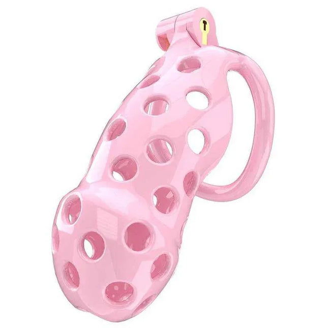 Penis Cage PC03 Pink with holes and ring, high-quality ABS, includes copper lock and padlocks, P-Cage collection for comfort and durability.