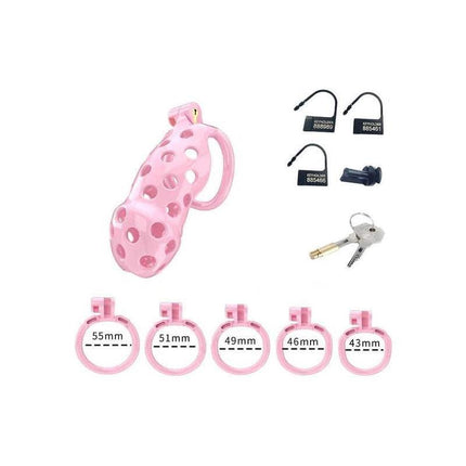 Penis Cage PC03 Pink with key, plastic padlocks, and adjustable rings from 43mm to 55mm.