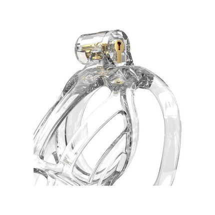 Close-up view of Penis Cage PC08 Transparent made from durable ABS material featuring a secure lock design.