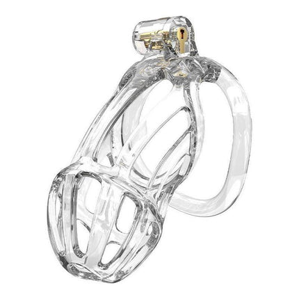 Penis Cage PC08 Transparent ABS chastity device with front opening for urination and ergonomic design.