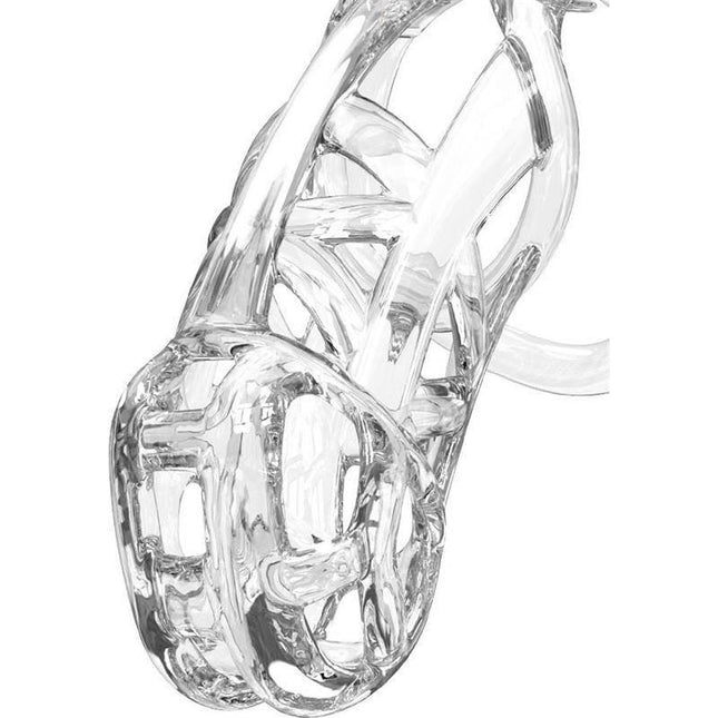 Penis Cage PC11 Transparent made of high-quality ABS with front opening for urination, includes 5 rings, ensures comfort and durability.