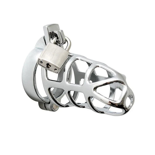Metal penis chastity 45 MM cage with padlock for secure BDSM play, featuring a minimalist design and durable silver metal construction.