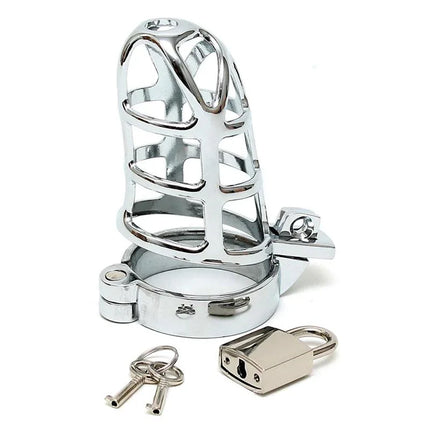 Metal penis chastity 45 MM cage with padlock and keys, ideal for BDSM play and secure wear.