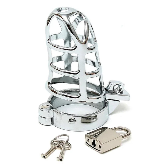 Metal penis chastity 45 MM cage with padlock and keys, ideal for BDSM play and secure wear.