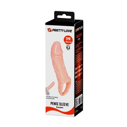 Penis extended sleeve with testicle ring in packaging for added length and girth, featuring external texture and secure fit.